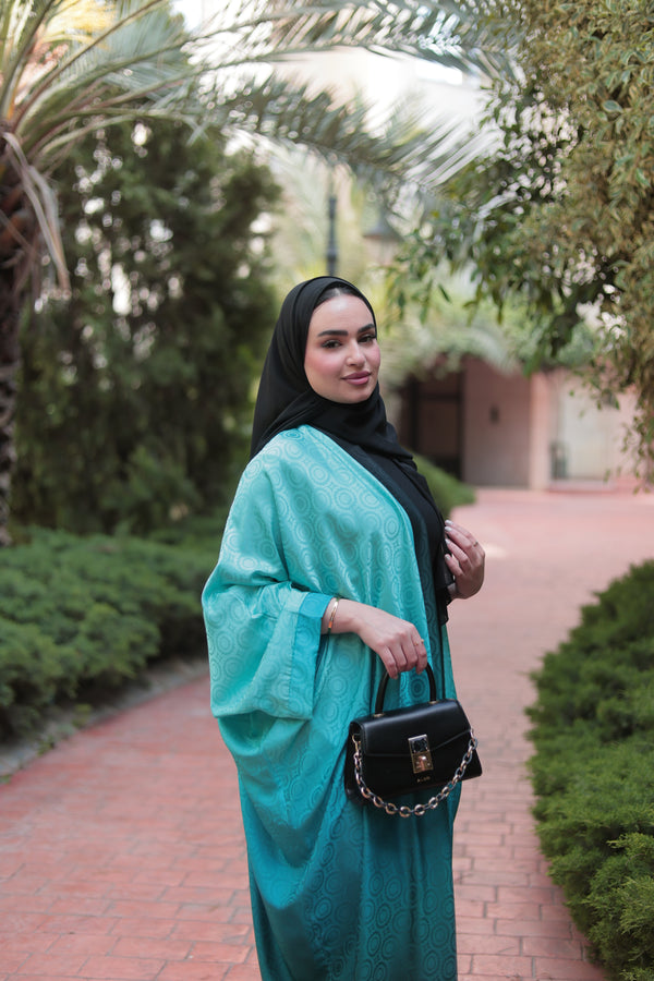 RAFÉ Ombré 04 Teal, teal satin jacquard abaya, full length